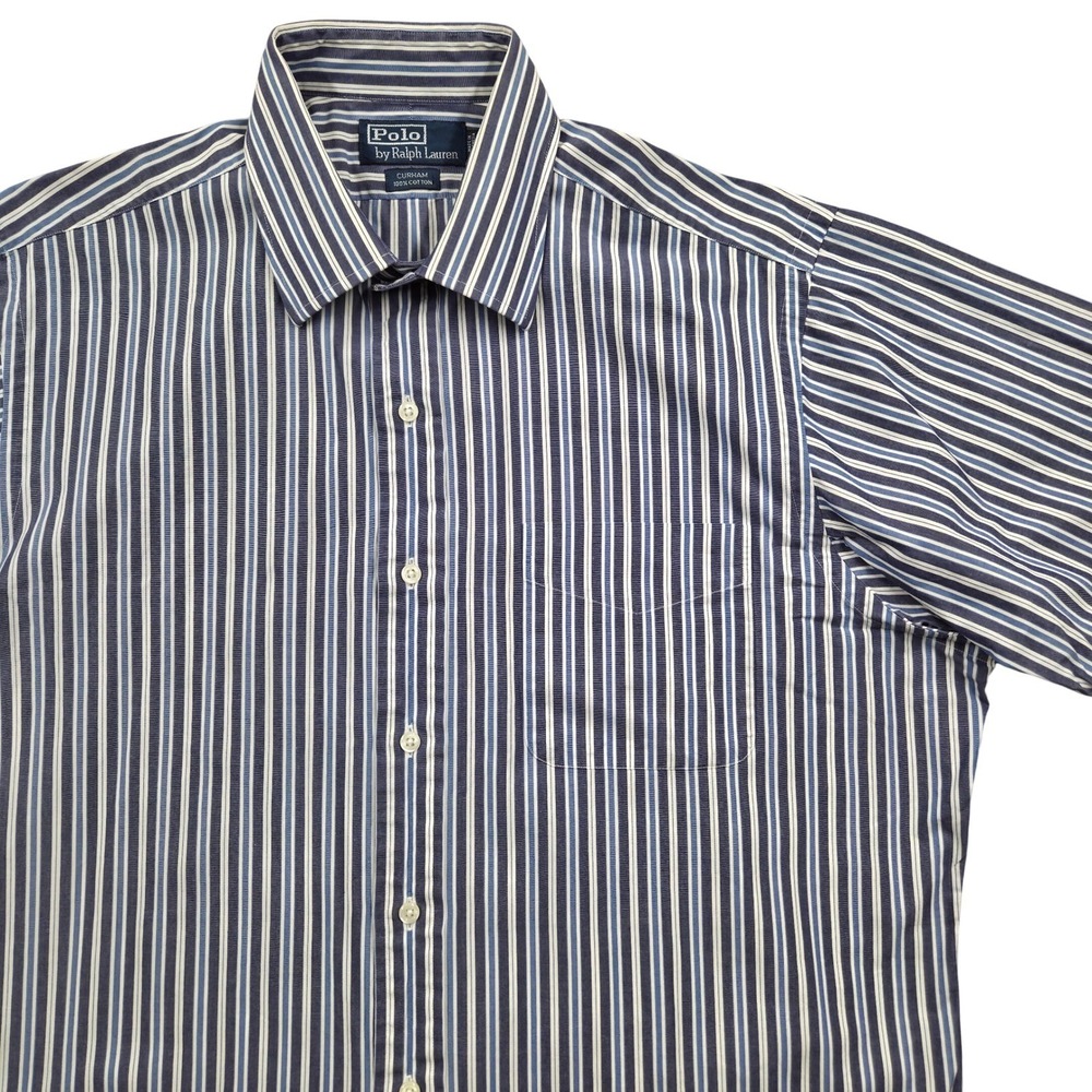 Polo Ralph Lauren Curham Blue‎ Striped Button Up Short Sleeve Shirt Mens 16.5